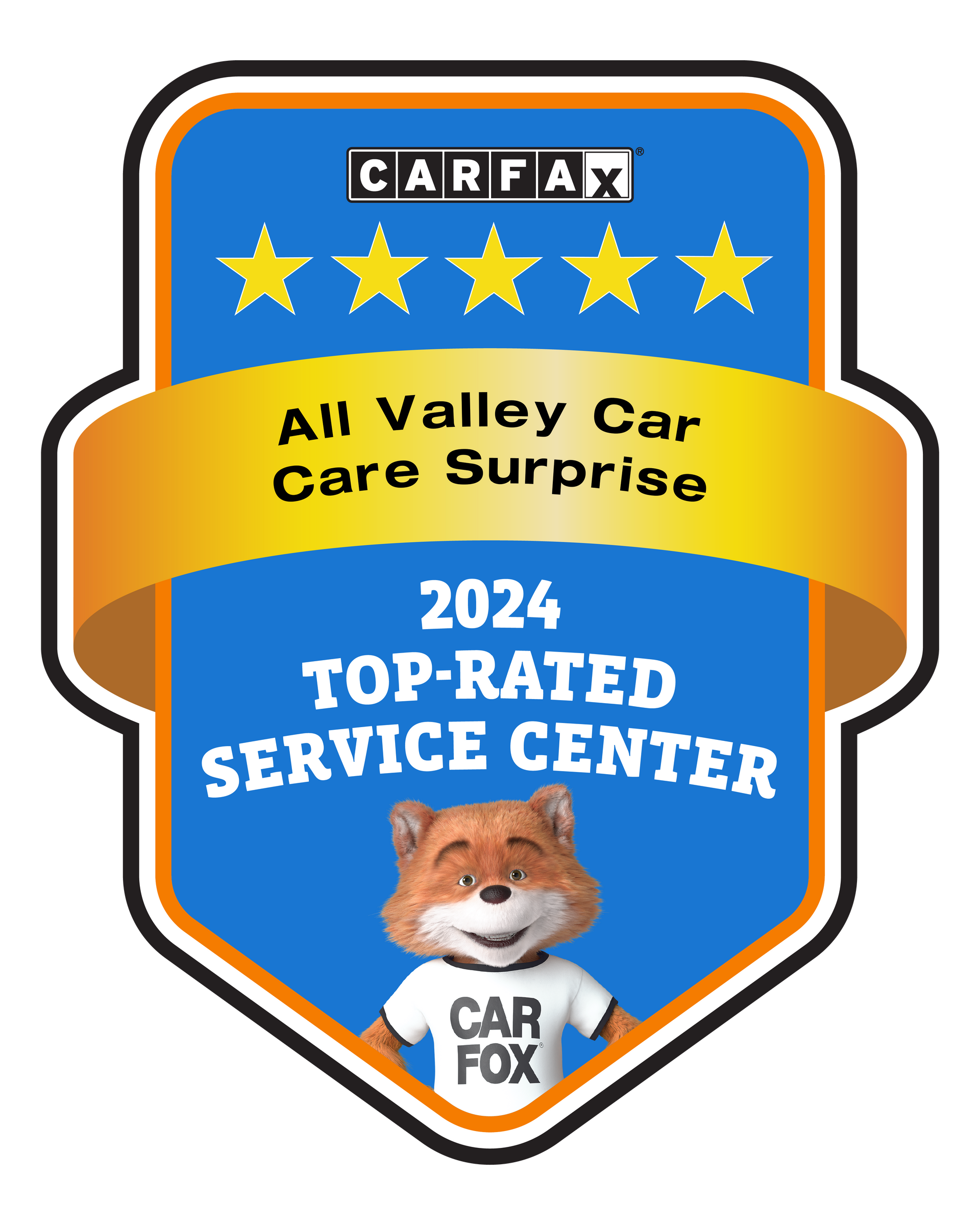 CARFAX 2024 top-rated service center award badge with fox mascot and stars.