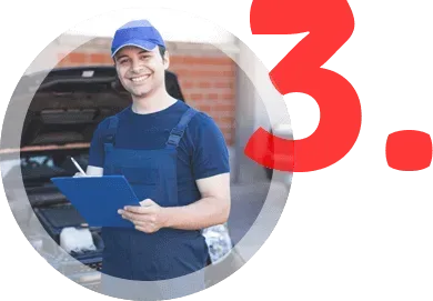 Mechanic in blue overalls holding a clipboard, smiling. Garage setting, red number