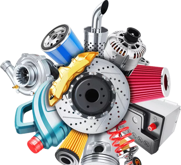 Collection of car parts, including a brake rotor, filter, and turbocharger. | All Valley Car Care