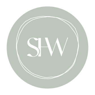 SHW monogram in white within a circle, sage green background.