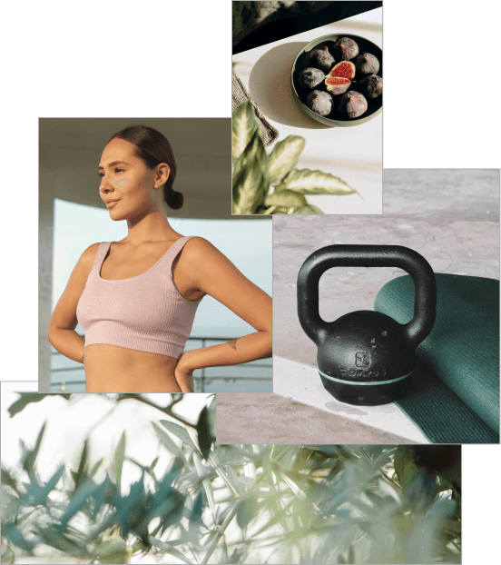Woman in athletic wear, kettlebell, food, greenery. Fitness and wellness theme with neutral colors.