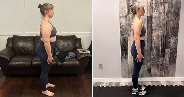 Side-by-side photos: woman before and after weight loss. She wears workout clothes, stands with her hands at her sides.