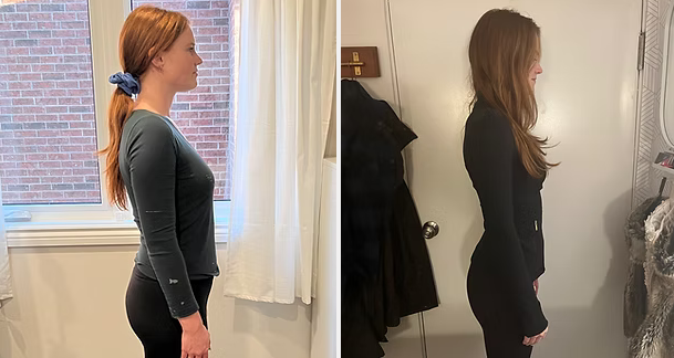 Woman's posture before and after. Left: side view of woman in casual wear. Right: side view in a blazer.