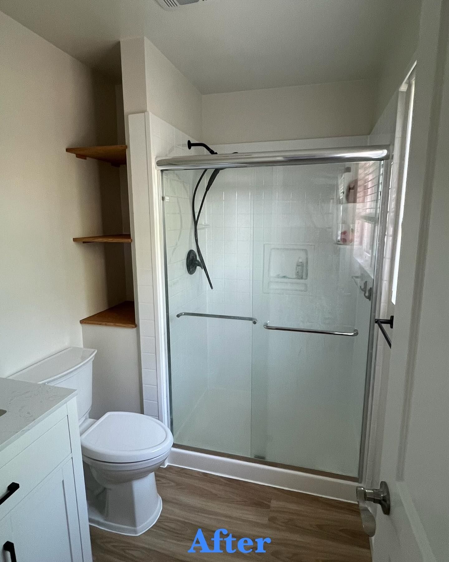 A bathroom with a toilet and a shower with the words after on the bottom