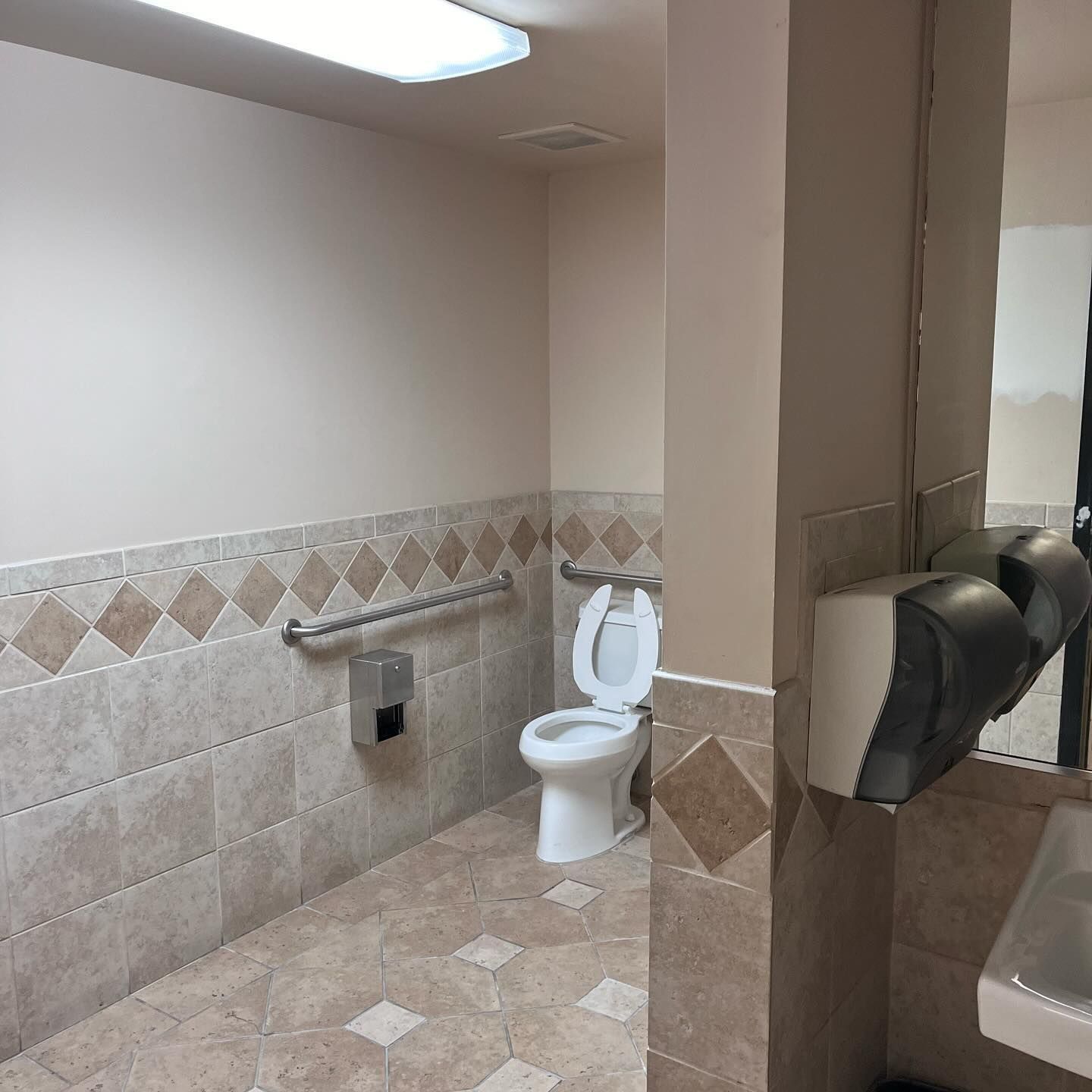 A bathroom with a toilet and a hand rail