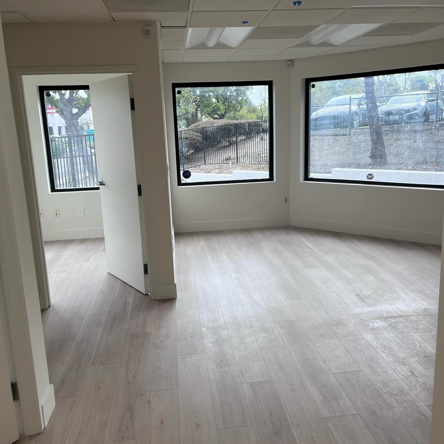 An empty room with hardwood floors and two windows.