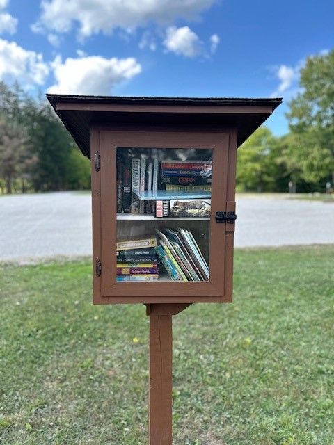 A small wooden box filled with books is sitting in the middle of a grassy field.