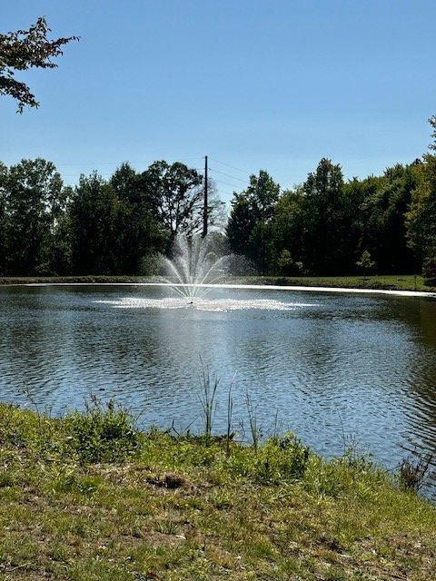 A pond with a fountain in the middle of it