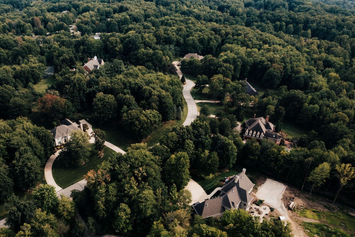 An aerial view of a residential area surrounded by trees and houses.