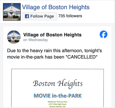 A boston heights movie in the park has been cancelled