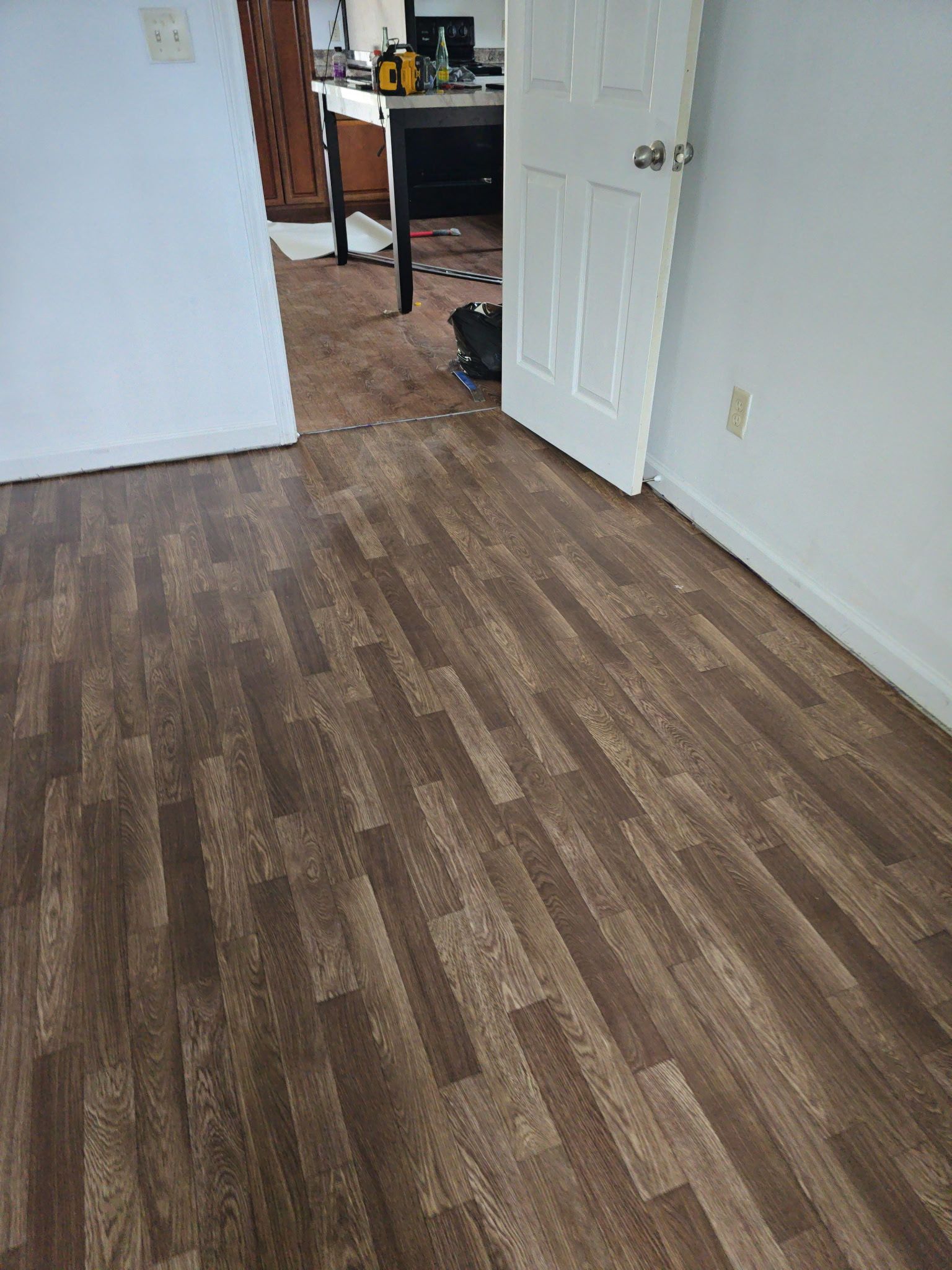 Room with dark brown wood-look flooring, white walls, and a closed white door.