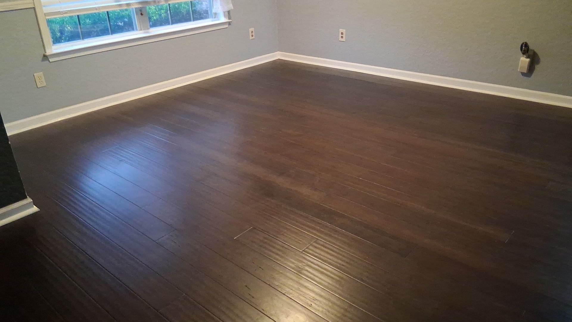 Room with dark wooden floors, gray walls, and a window.