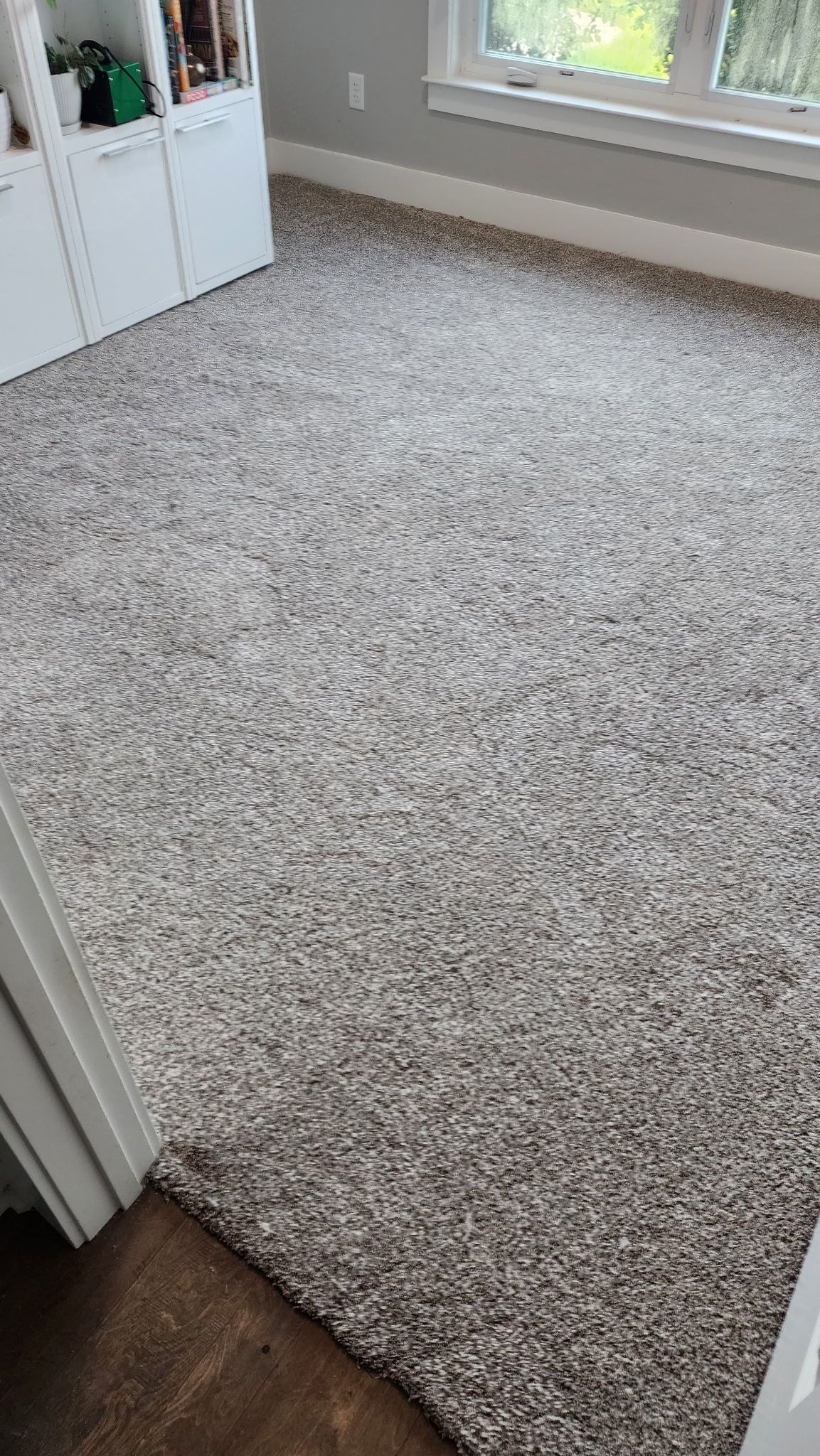 A room with light gray carpet and white trim. There are white built-in cabinets and a window.