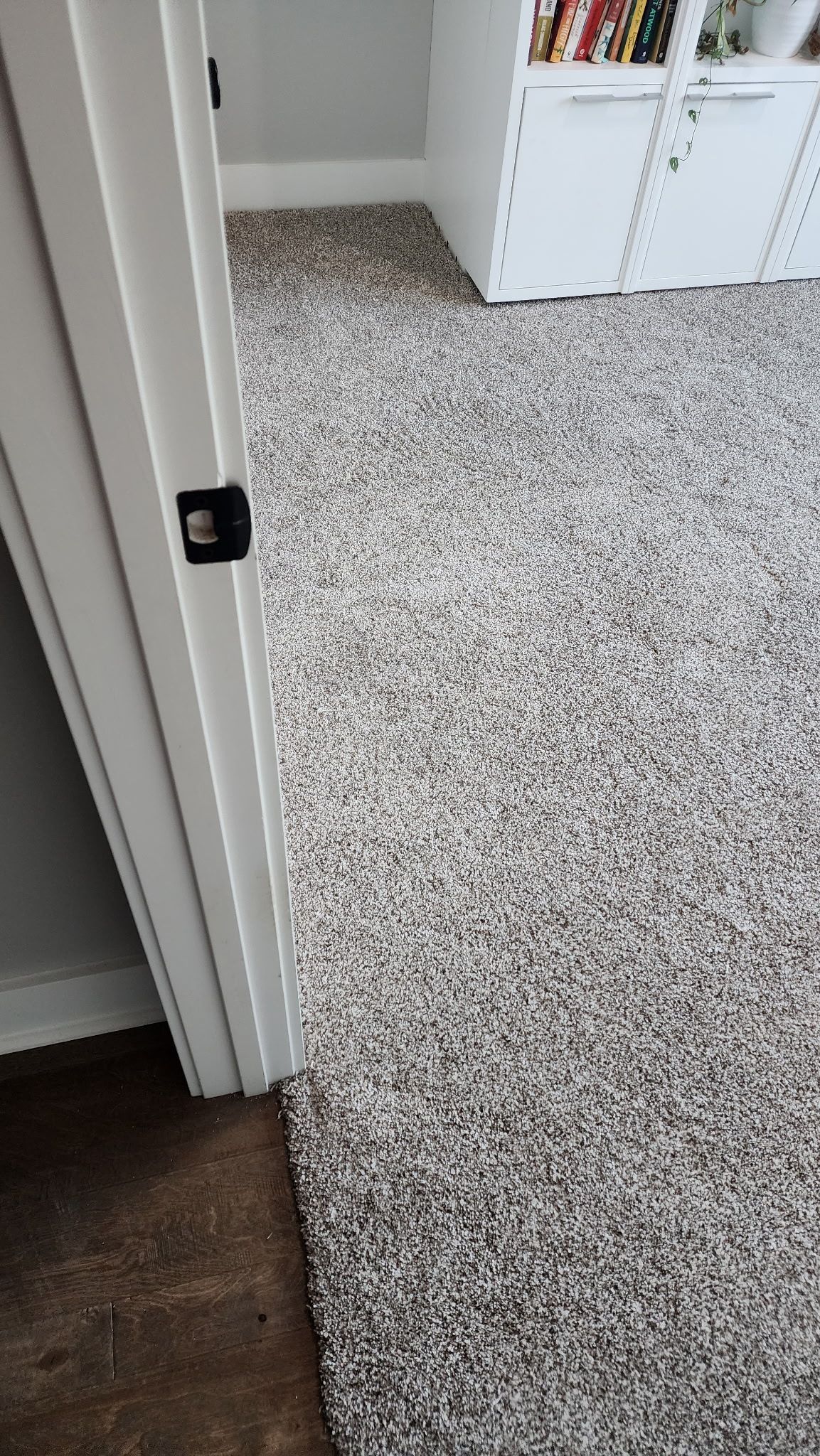Doorway opening onto a room with gray carpet and a white bookshelf.