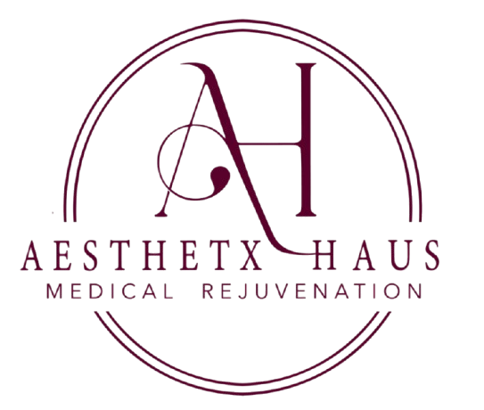 Logo for Aesthetx Haus, featuring a stylized "AH" in burgundy within a double circle. Text reads "Aesthetx Haus" and "Medical Rejuvenation."