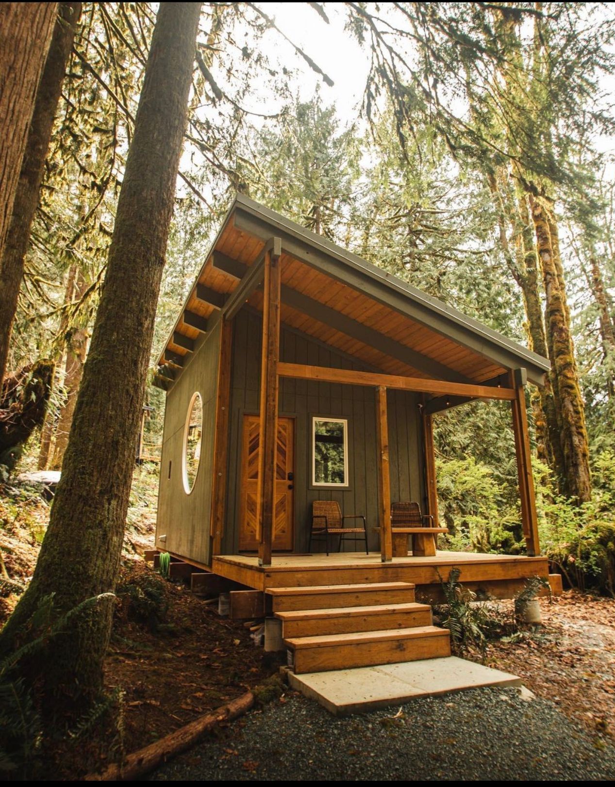 A small house with a porch in the middle of a forest.