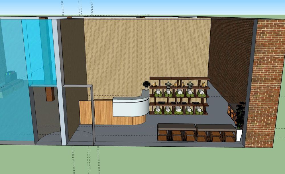 A 3d model of a building with a reception desk and a brick wall.