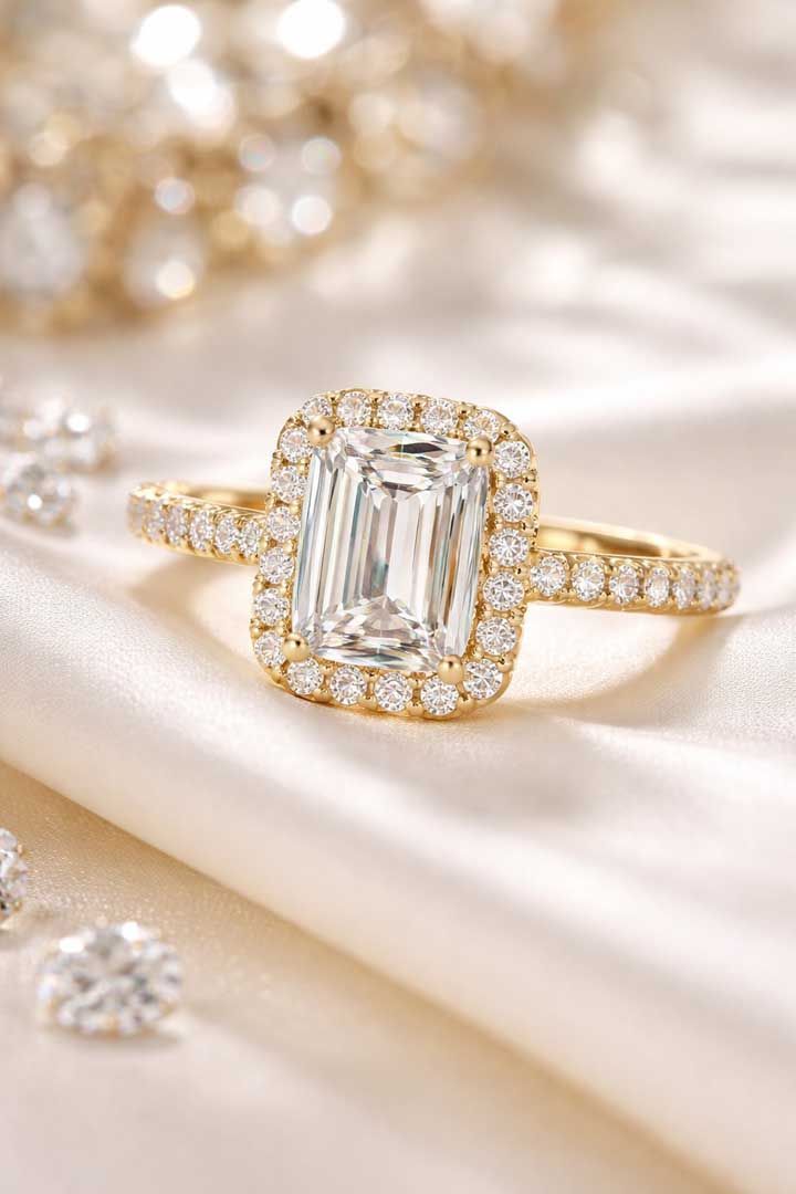 A gold emerald-cut diamond engagement ring with a halo of smaller stones, resting on a soft, draped white fabric.