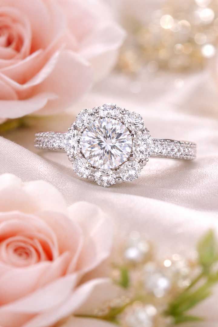 A diamond halo engagement ring rests on soft pink satin fabric surrounded by pale pink roses.