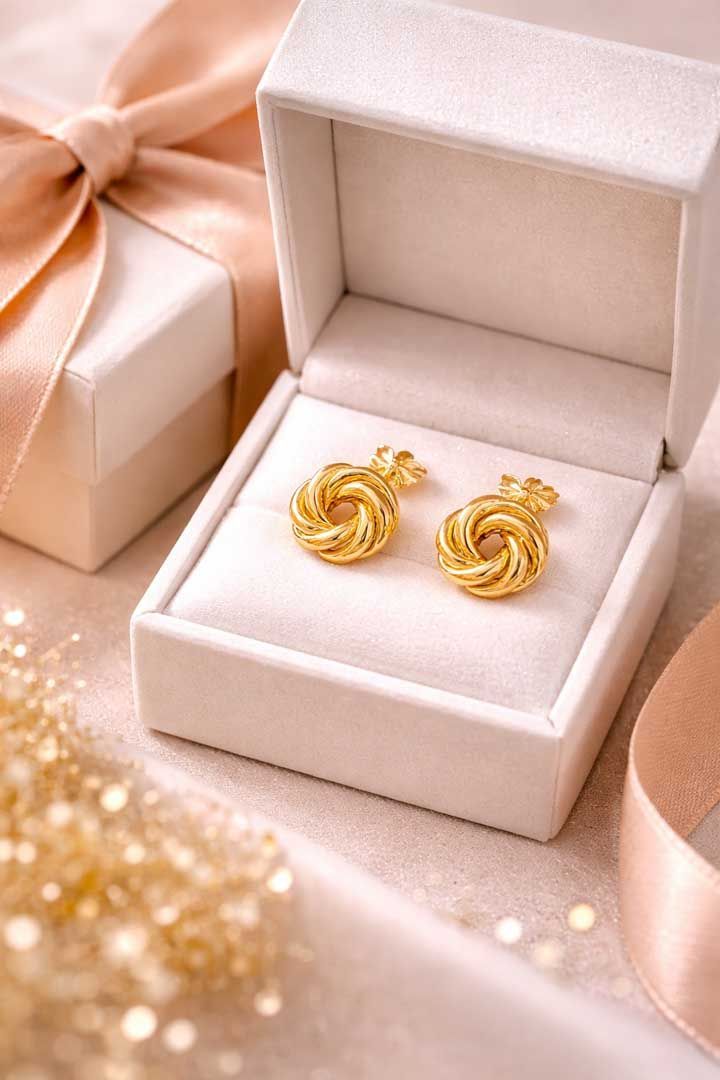 A pair of gold knot-style stud earrings rests inside an open, cream-colored jewelry box next to a gift box with a ribbon.