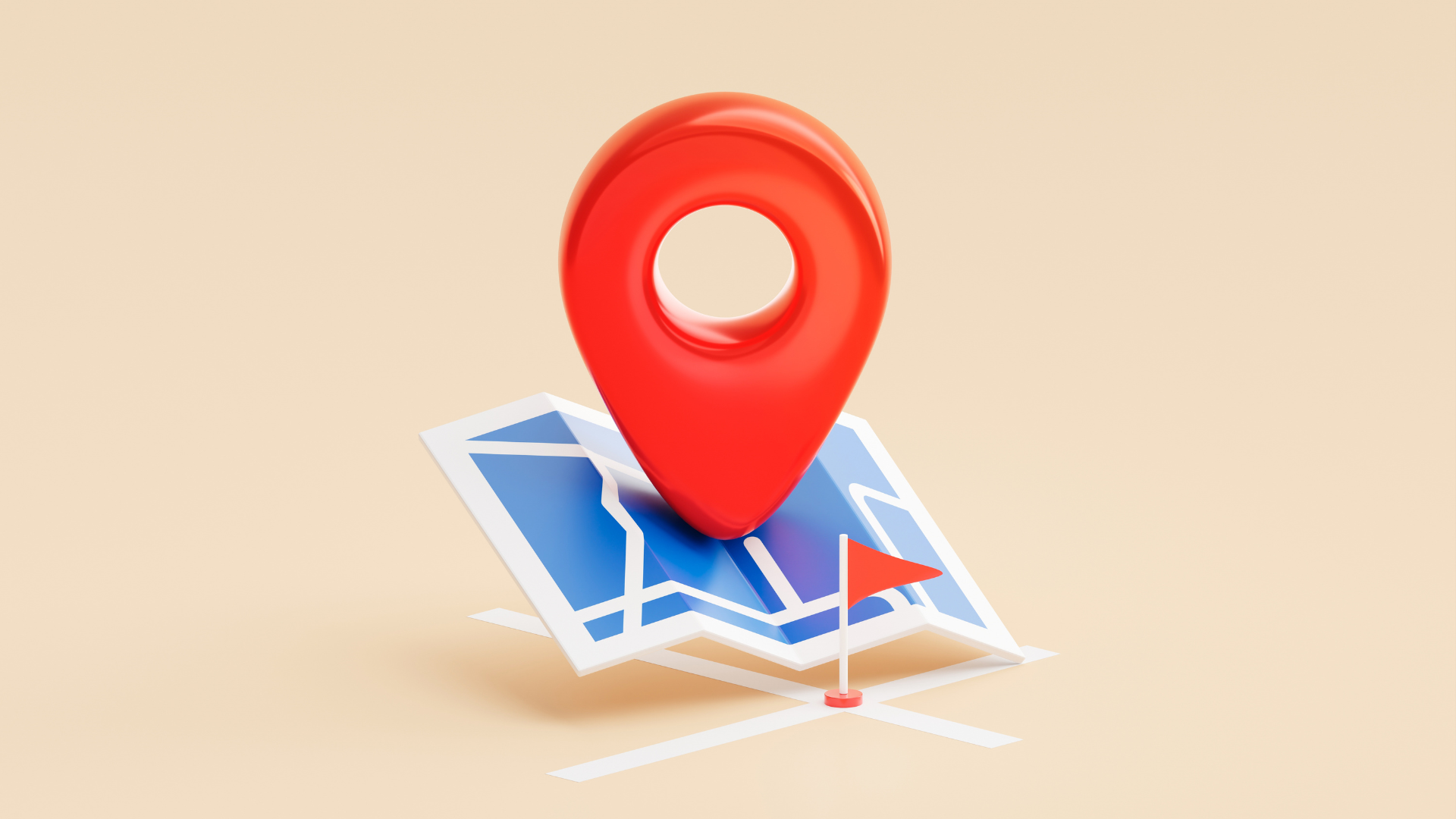 A 3D illustration of a large red location pin resting on a folded blue map with a smaller red flag marker nearby.