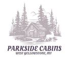 Logo for Parkside Cabins in West Yellowstone, MT, features a cabin in a forest with a deer and text.