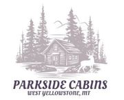 Logo for Parkside Cabins in West Yellowstone, MT, features a cabin in a forest with a deer and text.