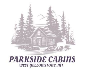 Logo for Parkside Cabins in West Yellowstone, MT, features a cabin in a forest with a deer and text.