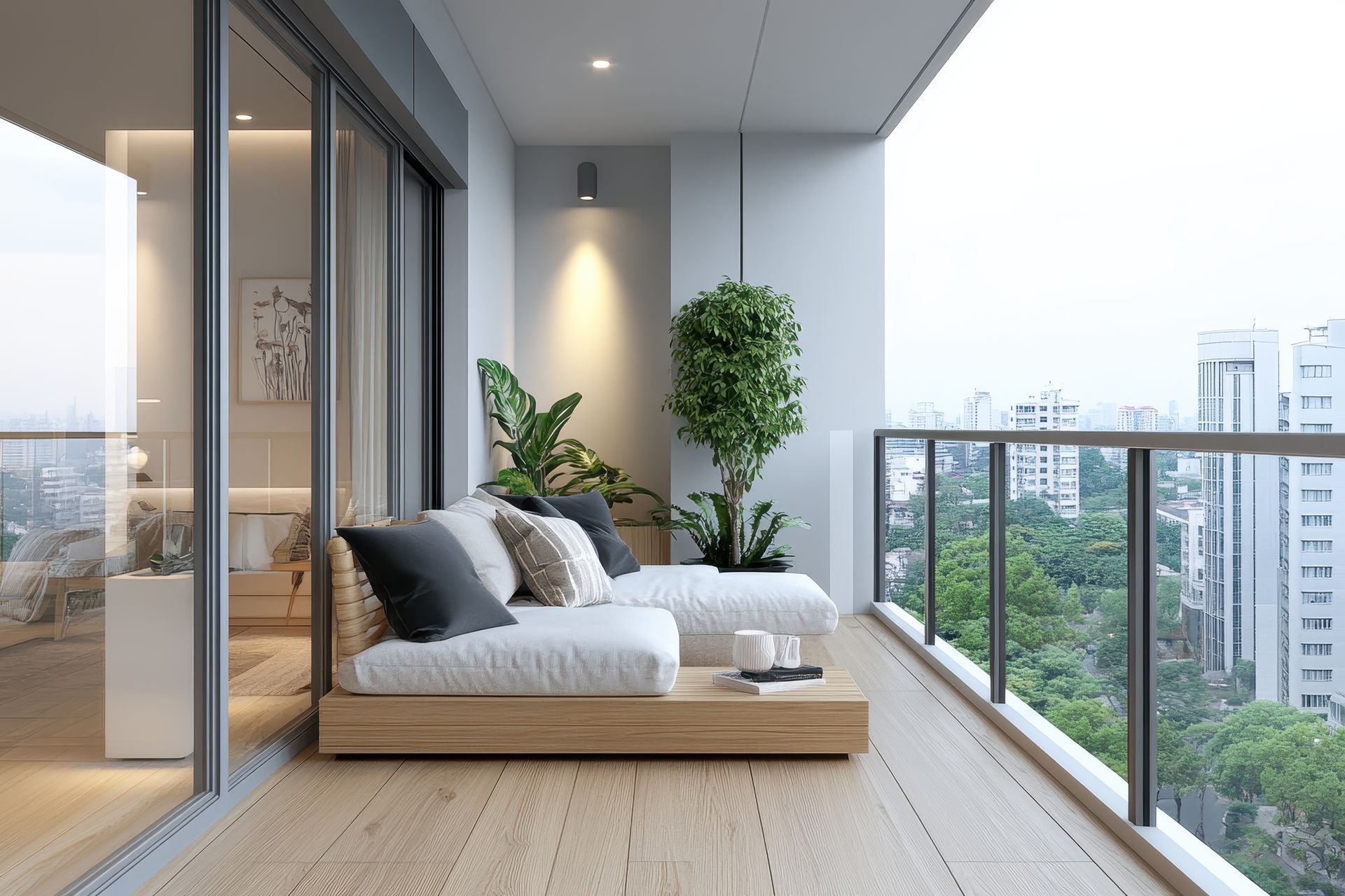 Un balcon moderne avec parquet, canapé et plantes, donnant sur un paysage urbain.