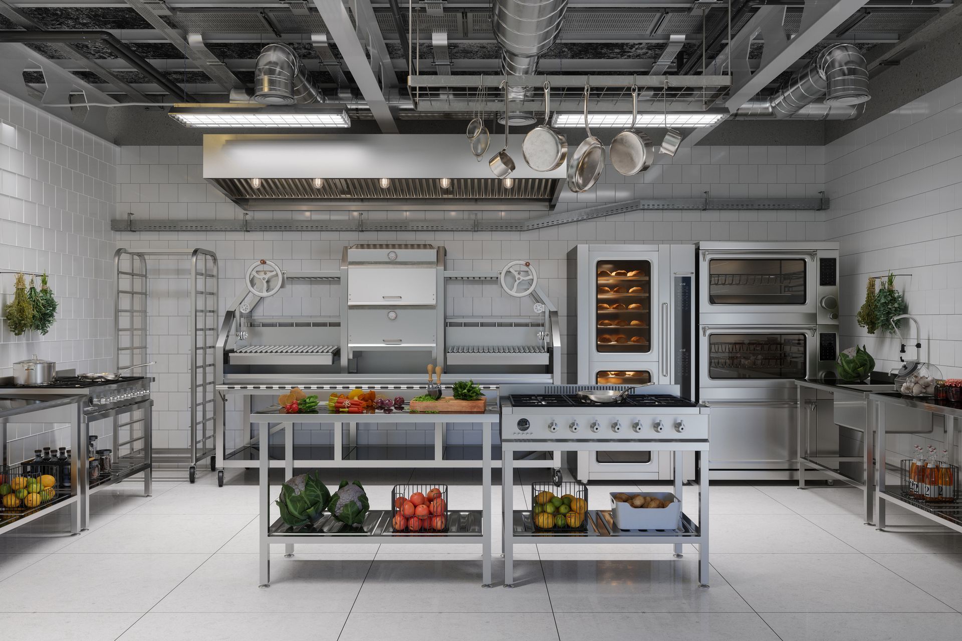 An empty commercial kitchen with stainless steel appliances and vegetables on shelves.