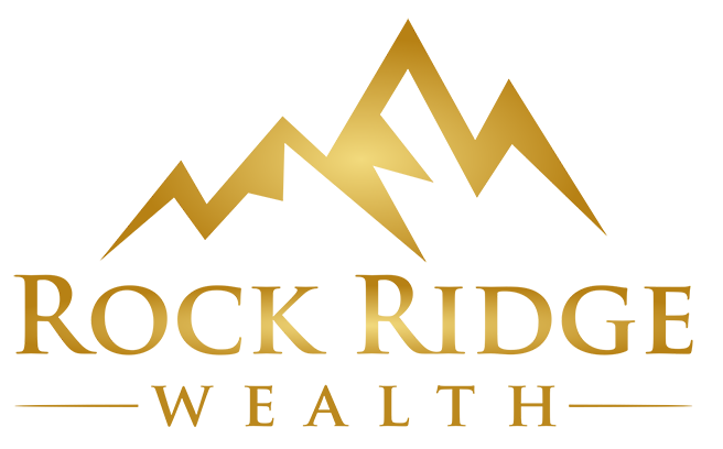 The logo for rock ridge wealth shows a mountain with a lightning bolt coming out of it.