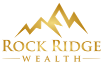 The logo for rock ridge wealth shows a mountain with a lightning bolt coming out of it.