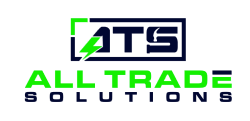 Logo for All Trade Solutions with &ldquo;ATS&rdquo; and a lightning bolt. Text in green and navy.