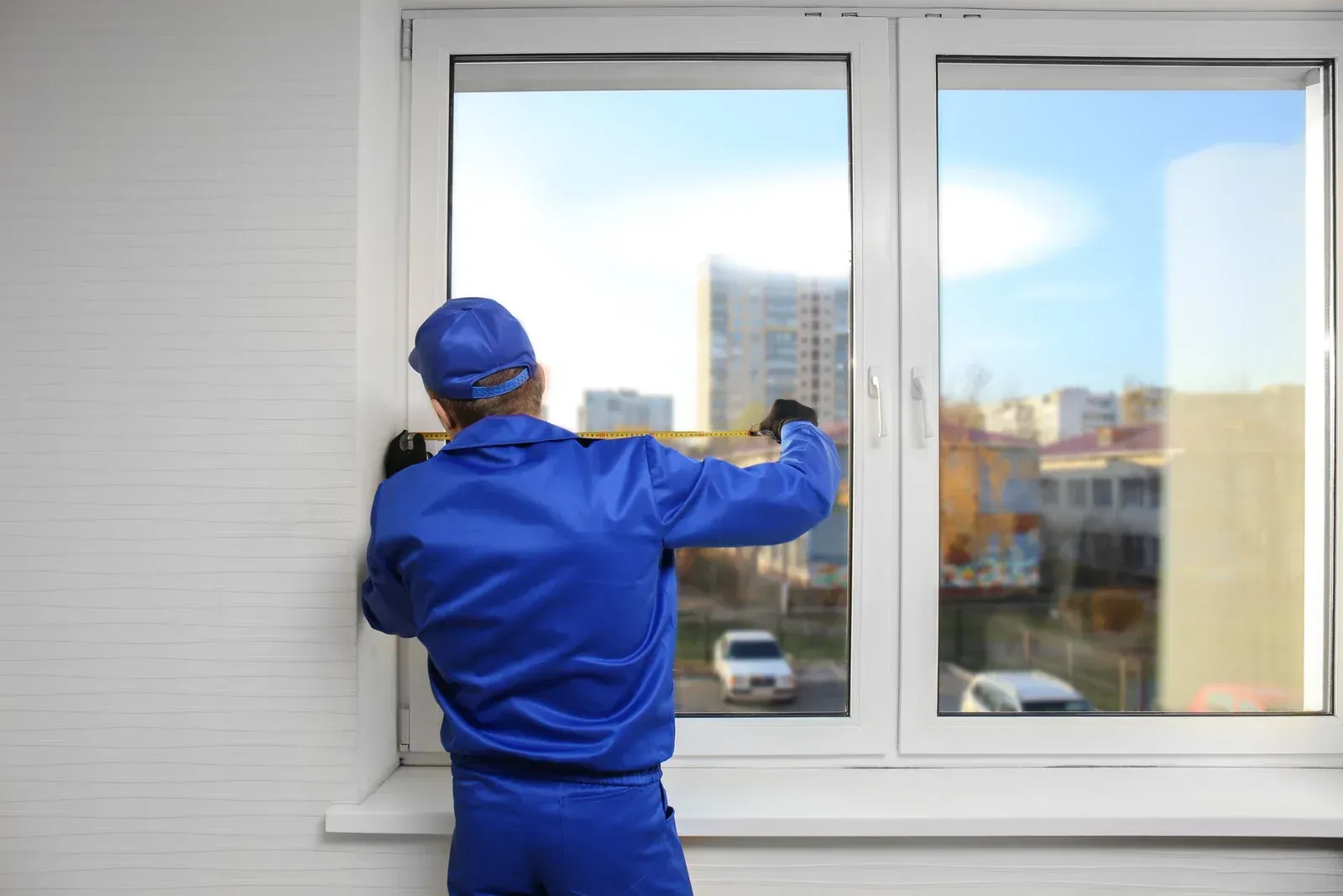 Person in blue uniform measures a white window in a room with a city view.