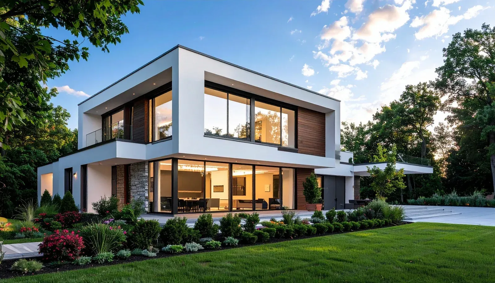 Modern two-story house with large windows, white walls, and a green lawn, surrounded by trees under a blue sky.