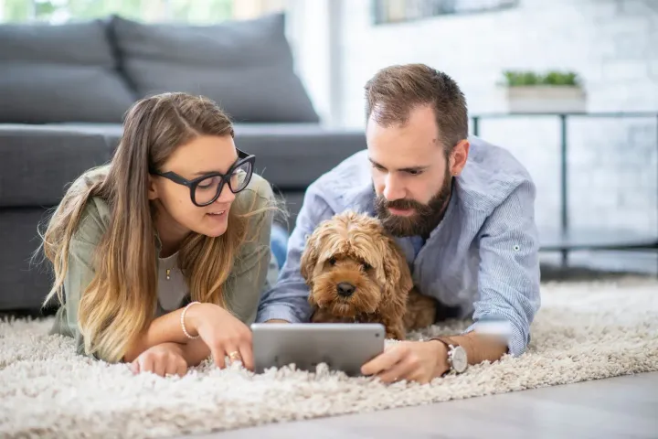 Two people and a dog looking at a tablet on a living room rug