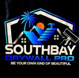 Southbay Drywall Pro logo with house, palm tree, sun, and paint roller on black background