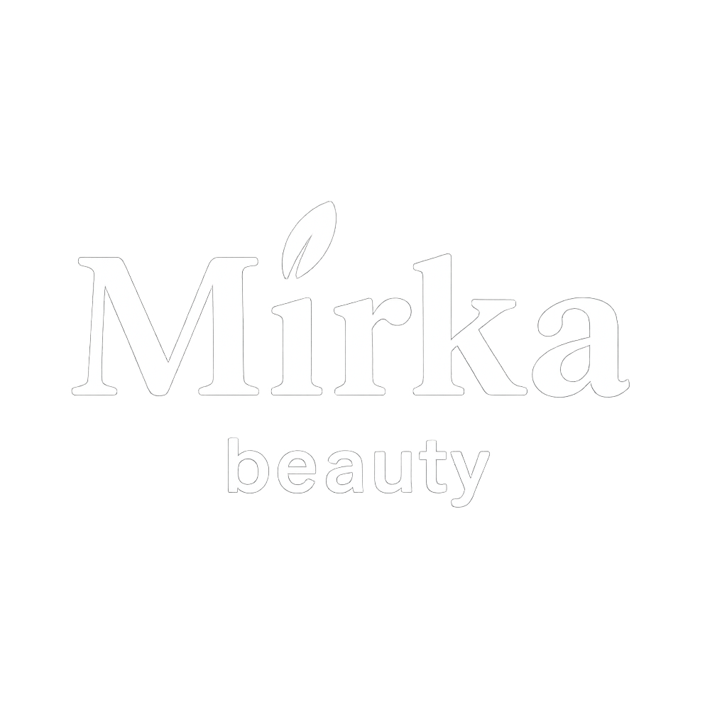 Mirka beauty logo with white outline and a leaf symbol.