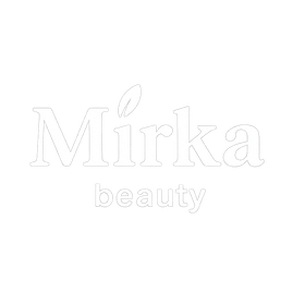 Mirka beauty logo with white outline and a leaf symbol.