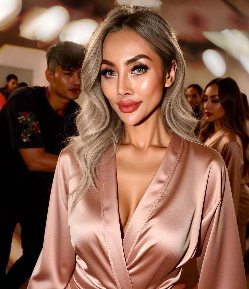 Woman in satin robe, smiling, backstage at an event; people in background.