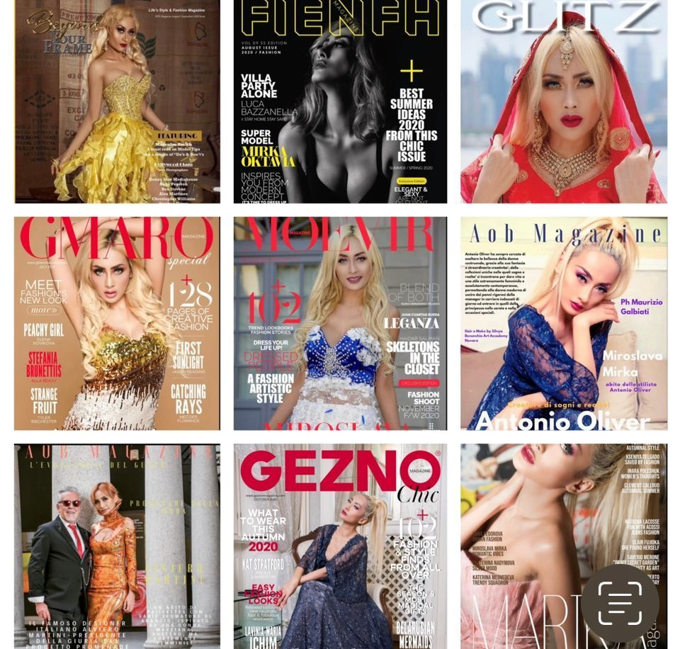 Nine magazine covers featuring a blonde woman in various outfits and settings.