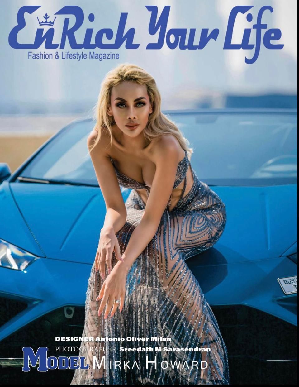 Magazine cover: woman in a sequined gown poses on a blue sports car. Magazine title: “EnRich Your Life.”
