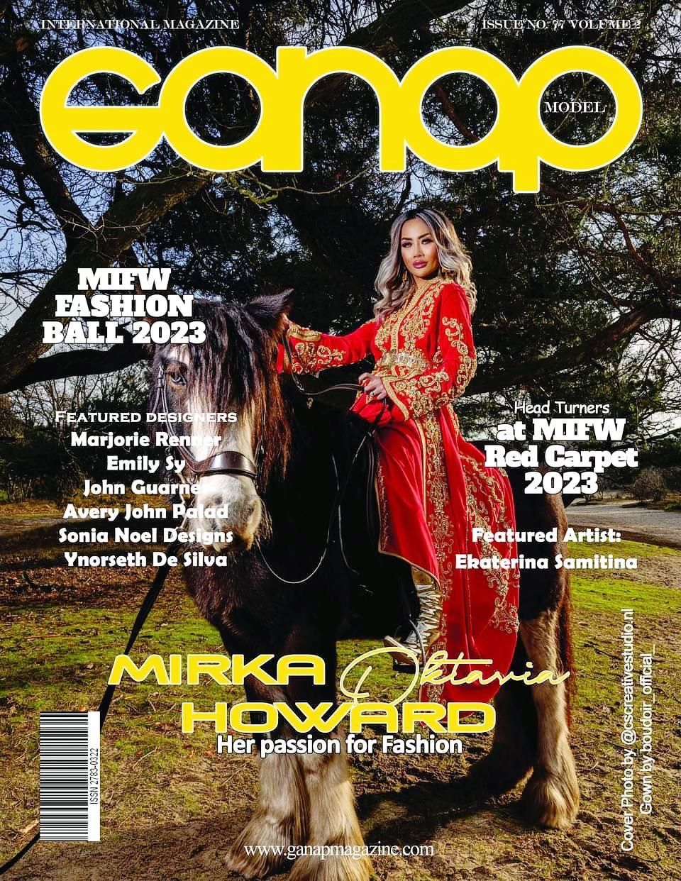 Magazine cover: Woman in red gown on a horse, 