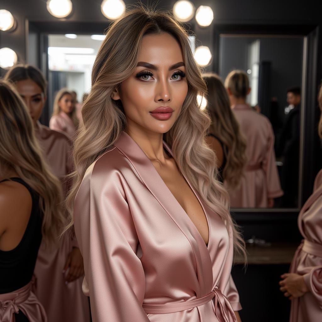 Woman in pink robe, standing in front of mirrors and others in the background, in a makeup room.
