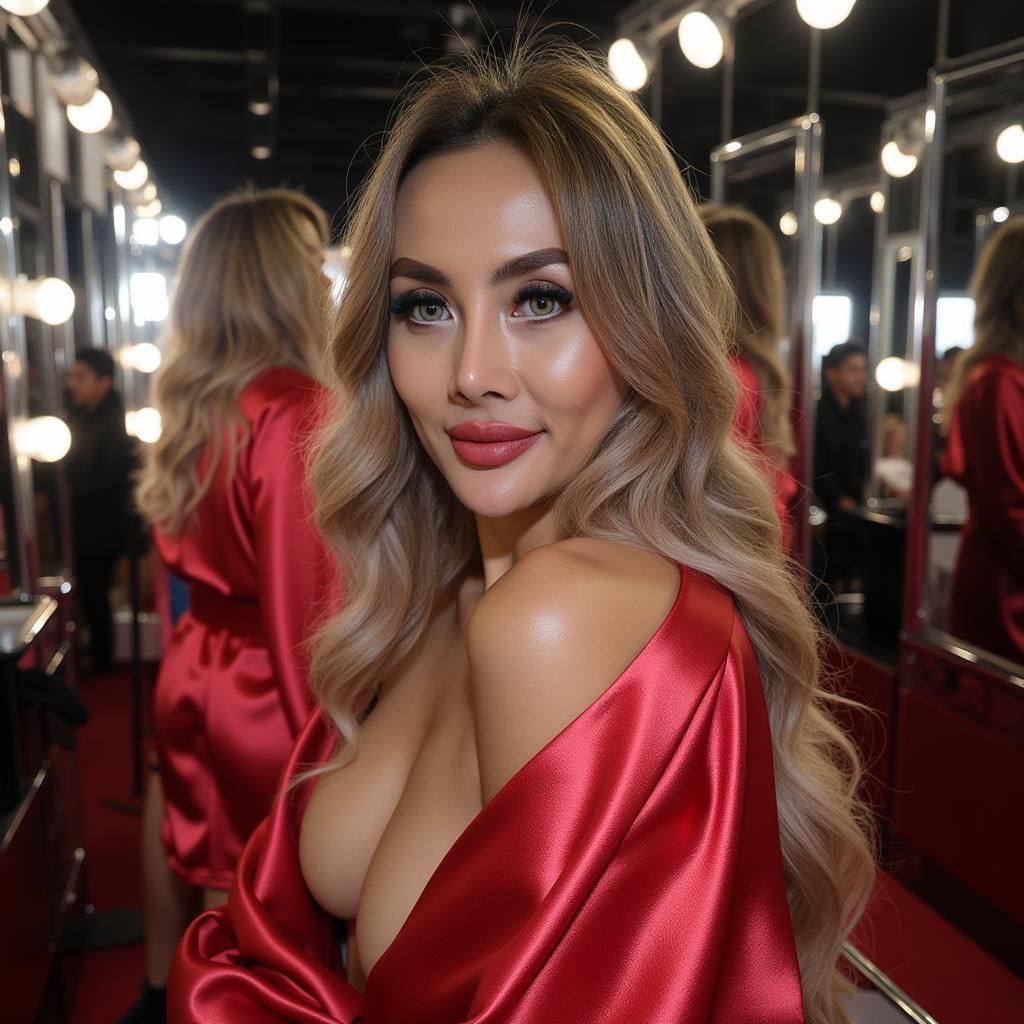Woman in red satin robe smiles at the camera, backstage.