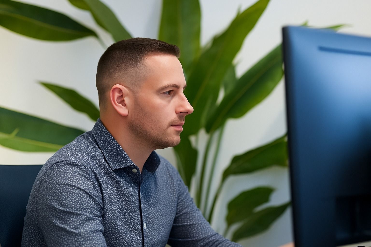 Ein Mann sitzt vor einem Computermonitor.