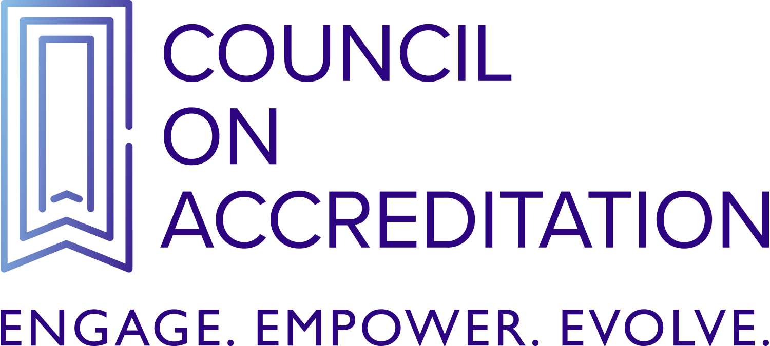 Logo for Council on Accreditation: blue emblem and text, tagline 