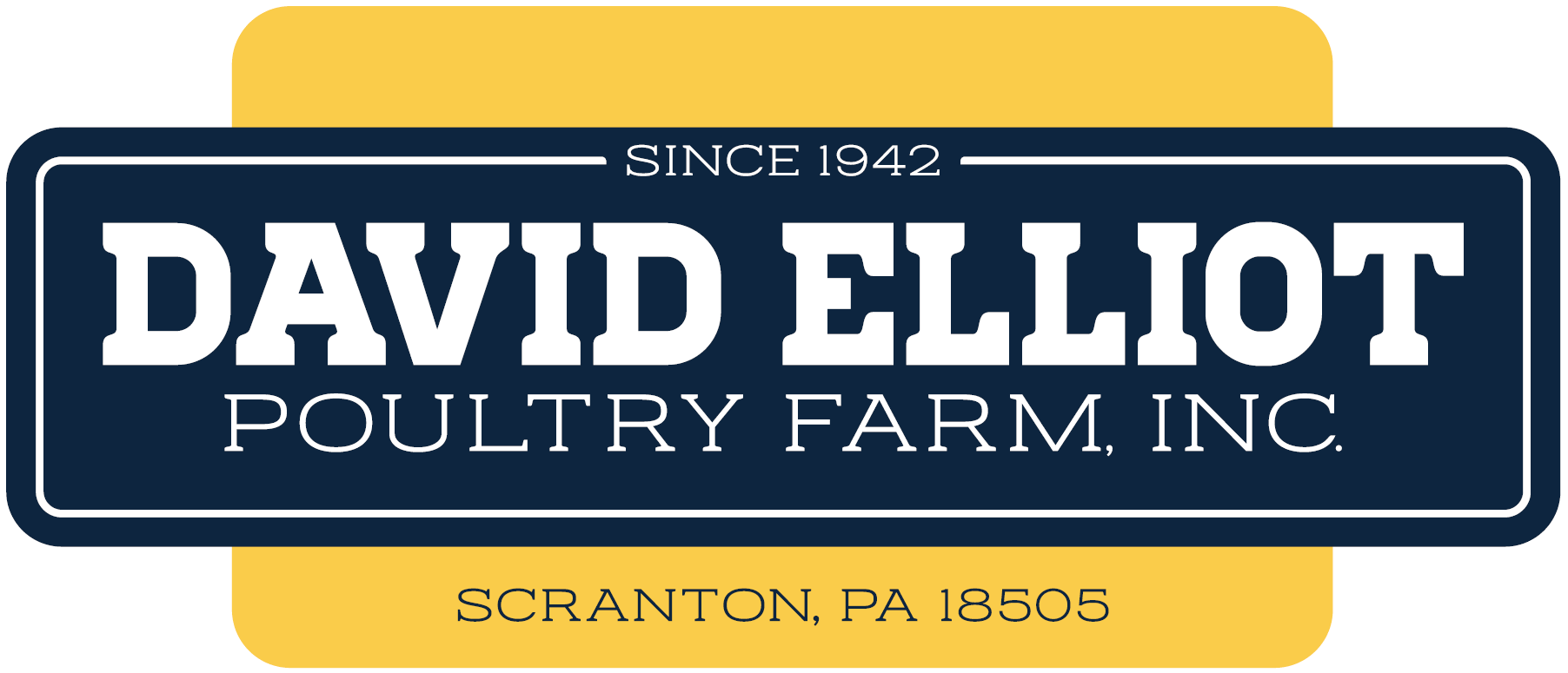 Logo for David Elliot Poultry Farm, Inc., with name, “Since 1842”, address, and yellow/blue design.