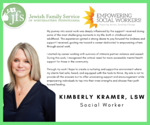 Jewish Family Service flyer with Kimberly Kramer, a social worker, and the text 