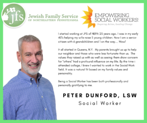 A social worker, Peter Dunford, smiling, with a Jewish Family Service graphic and text about his career.